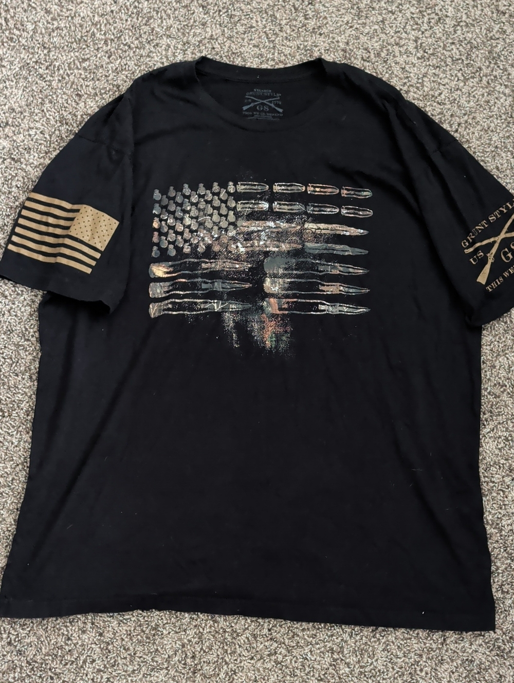 Grunt Style Black Short Sleeve Tee with Distressed Metallic Flag